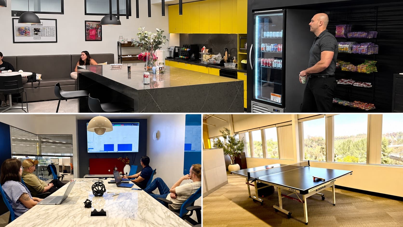 NSBA's new Kearny Mesa office — lounge and snack bar, a conference room, and the ping-pong table